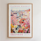 The image is a framed poster depicting a vibrant and colorful flower market in the city of Greenwich, London.