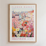 The image is a framed poster depicting a vibrant and colorful flower market in the city of Greenwich, London.