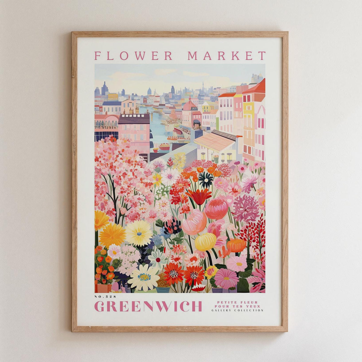 The image is a framed poster depicting a vibrant and colorful flower market in the city of Greenwich, London.