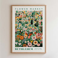 The image is a framed poster depicting a vibrant and colorful floral market scene.