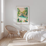 a serene bedroom scene with a large framed poster of a tropical island landscape hanging on the wall, a woven chair, and a neatly made bed with white bedding.