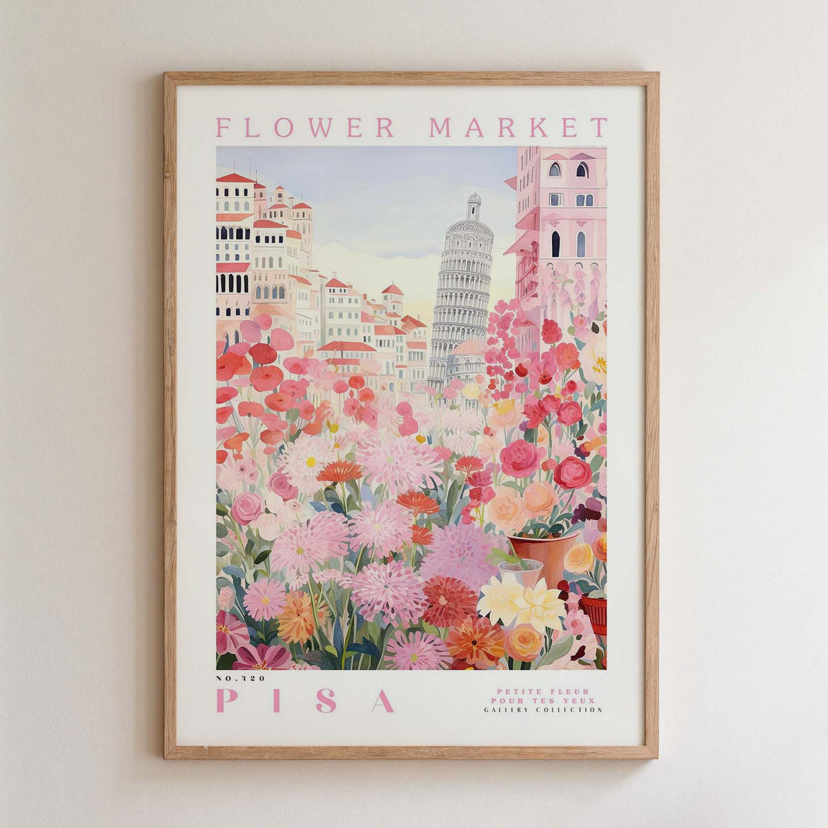 The image is a framed poster depicting a vibrant flower market in Pisa, Italy. The poster showcases a variety of colorful flowers and plants, with the Leaning Tower of Pisa in the background. The poster is framed in a wooden frame and hangs on a wall.