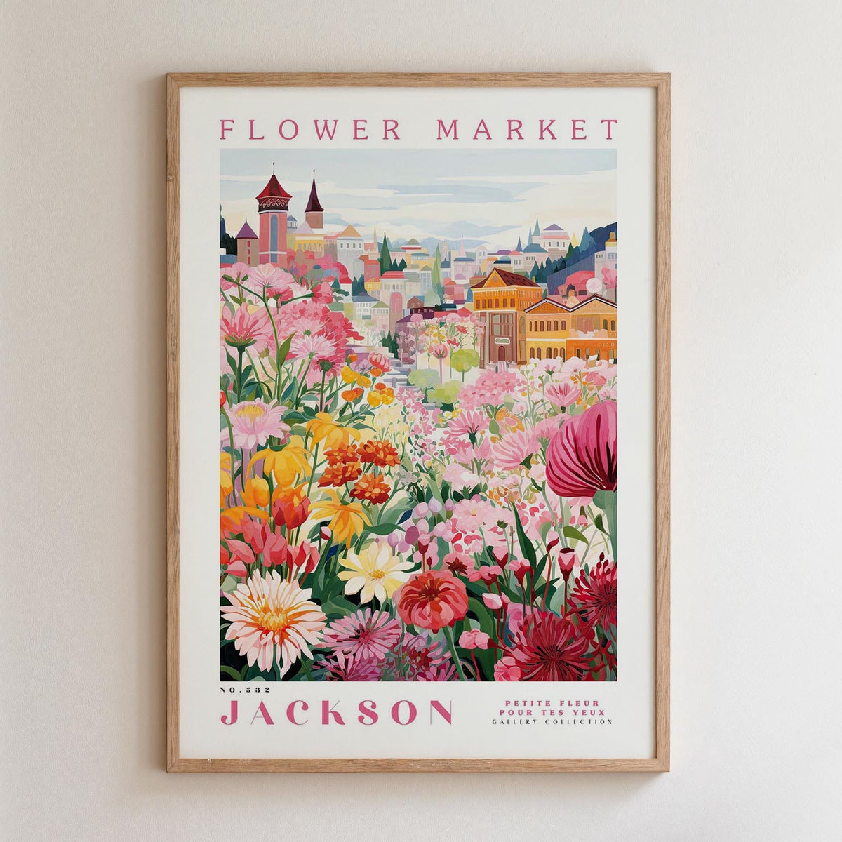 The image is a framed poster depicting a vibrant and colorful flower market in Jackson, New York.