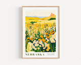 The image is a framed poster depicting a vibrant field of flowers in the state of Nebraska.