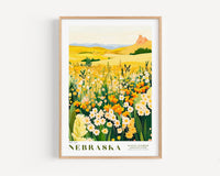The image is a framed poster depicting a vibrant field of flowers in the state of Nebraska.