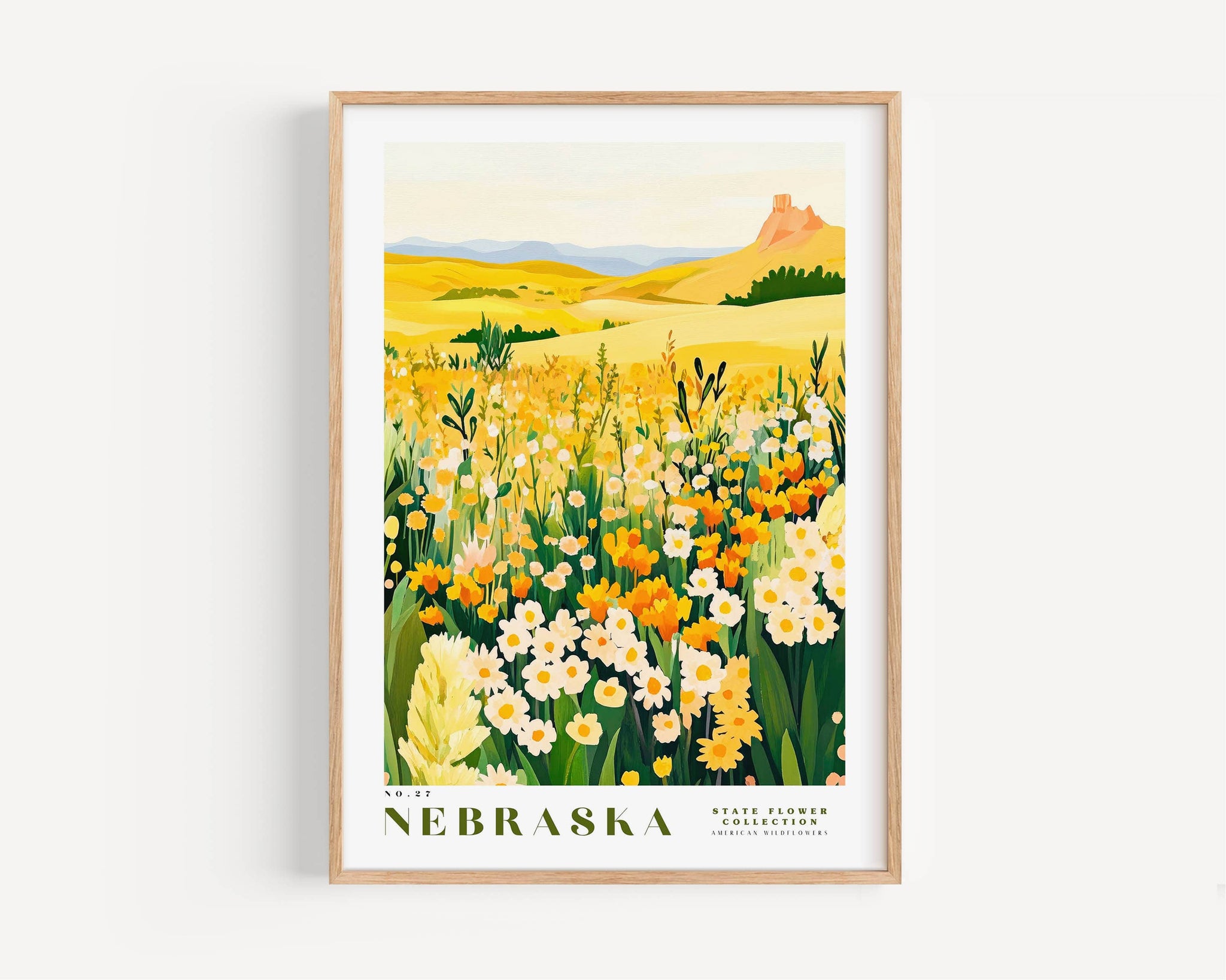 The image is a framed poster depicting a vibrant field of flowers in the state of Nebraska.