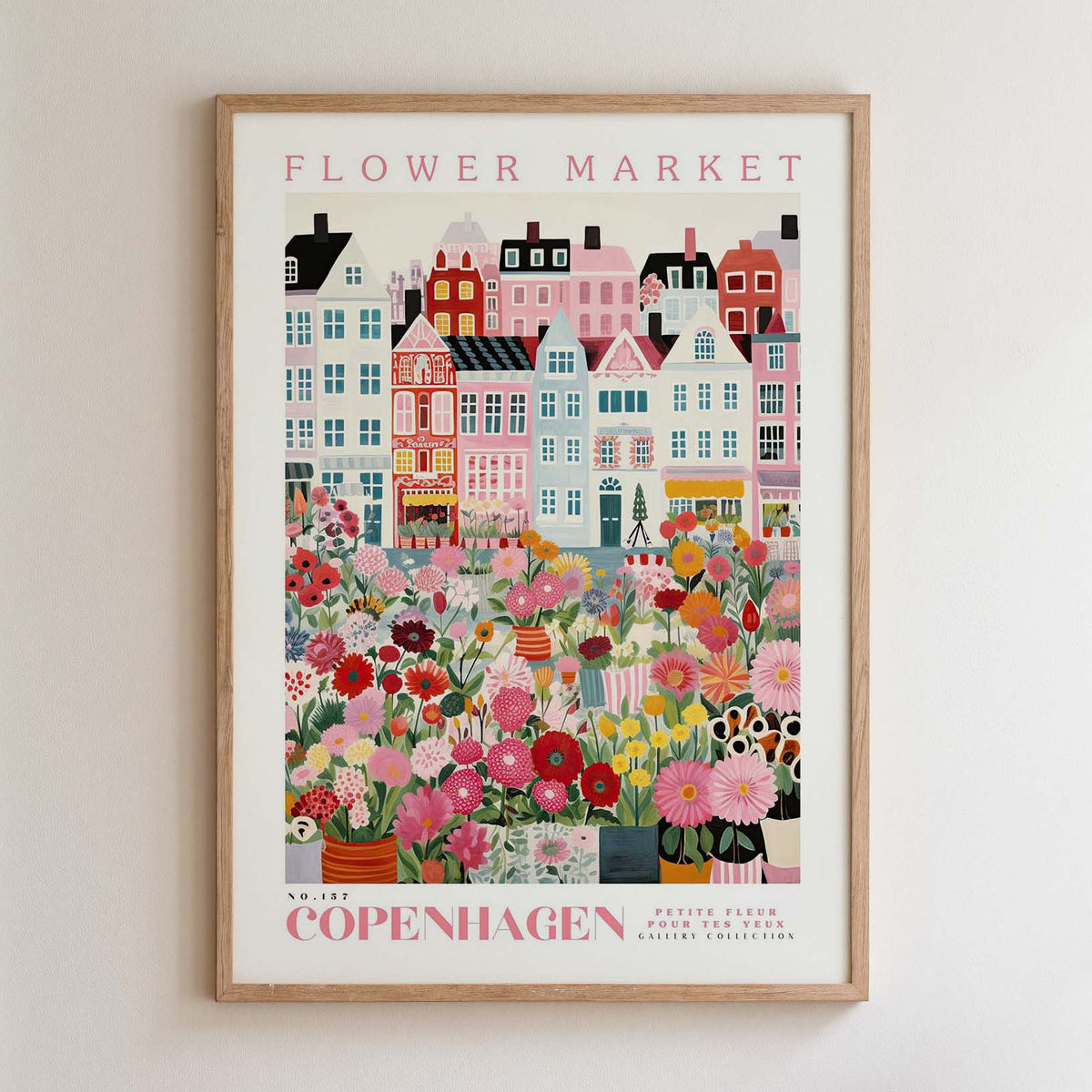 The image is a framed poster depicting a colorful and vibrant flower market in Copenhagen, Denmark.