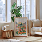 a poster of the Paris Flower Market, with a large window in the background and a potted plant on the floor.
