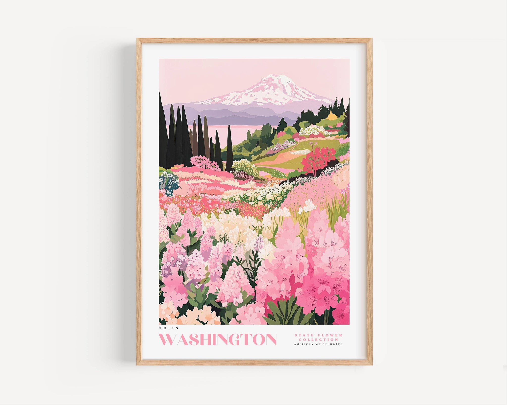 A framed poster depicting a scenic landscape with a mountain in the background, surrounded by a colorful array of flowers and foliage.
