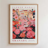 The image is a framed poster depicting a vibrant and colorful flower market in Granada, Spain.