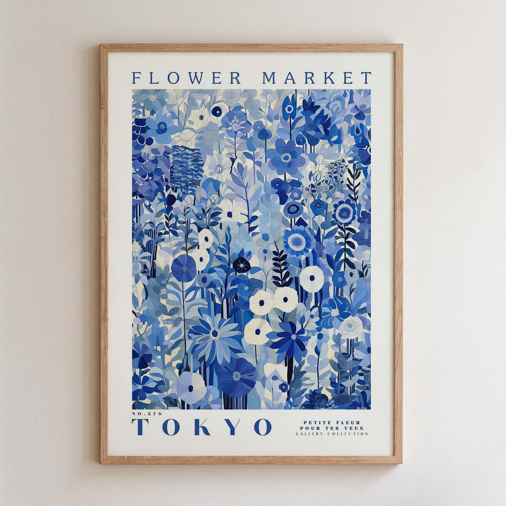 The image is a framed poster of a floral design with the text "FLOWER MARKET TOKYO" and "PETITE FLUER POUR TES FEUMS GALLERY COLLECTION" printed on it.