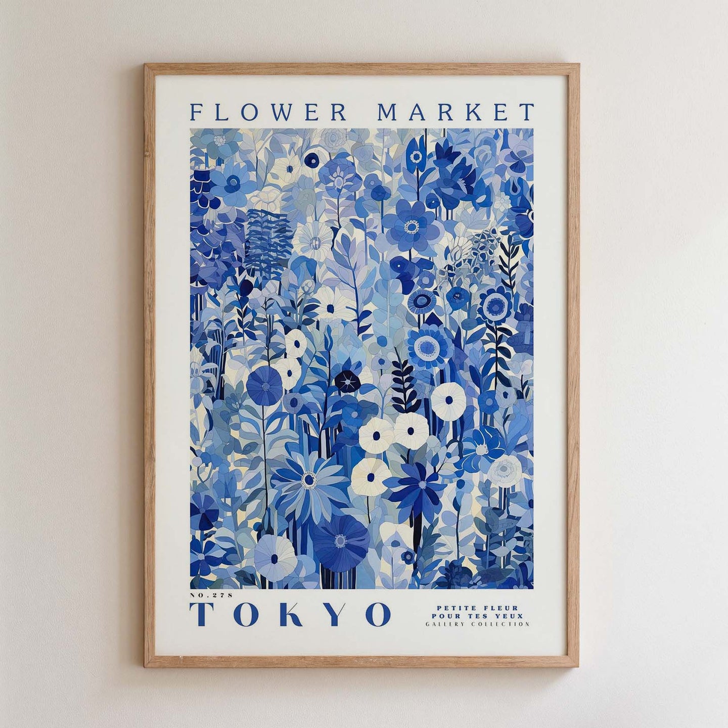 The image is a framed poster of a floral design with the text "FLOWER MARKET TOKYO" and "PETITE FLUER POUR TES FEUMS GALLERY COLLECTION" printed on it.