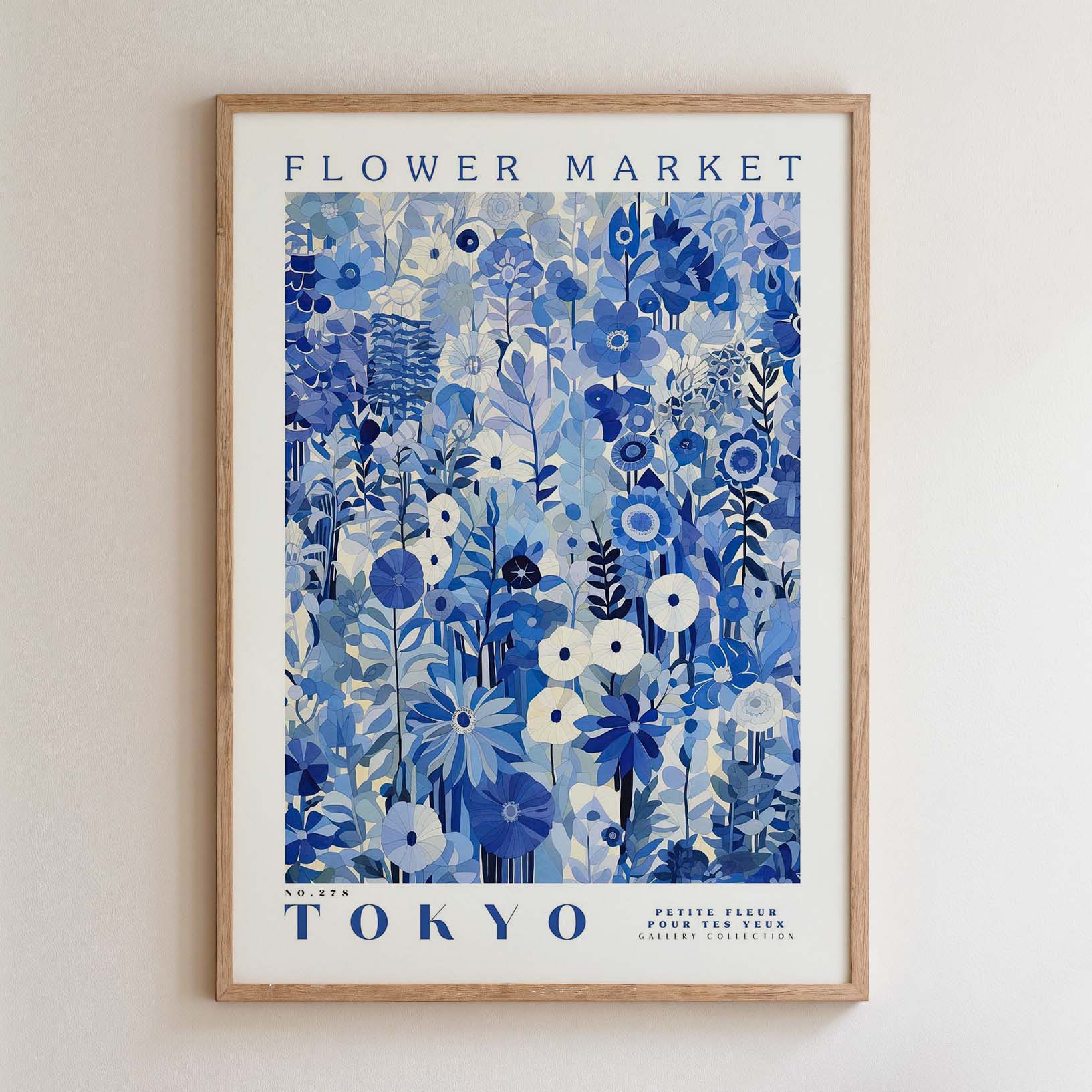The image is a framed poster of a floral design with the text "FLOWER MARKET TOKYO" and "PETITE FLUER POUR TES FEUMS GALLERY COLLECTION" printed on it.
