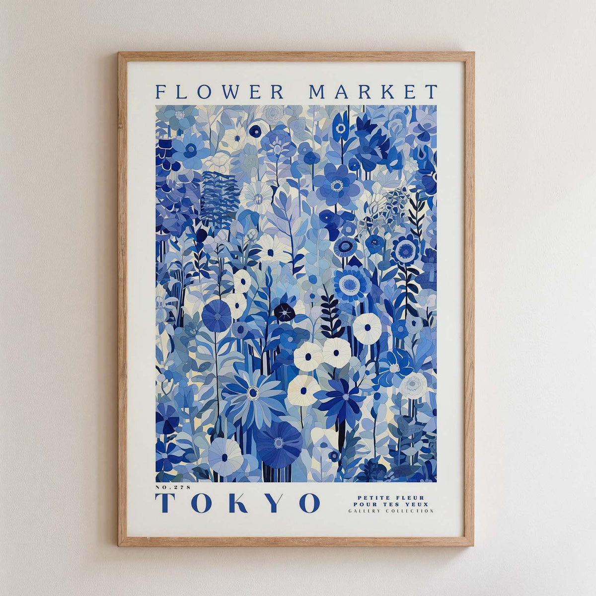 The image is a framed poster of a floral design with the text "FLOWER MARKET TOKYO" and "PETITE FLUER POUR TES FEUMS GALLERY COLLECTION" printed on it.