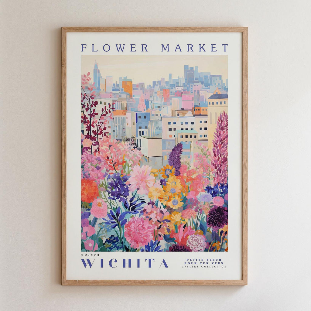 The image is a framed poster depicting a vibrant and colorful cityscape with a variety of flowers and plants in the foreground.