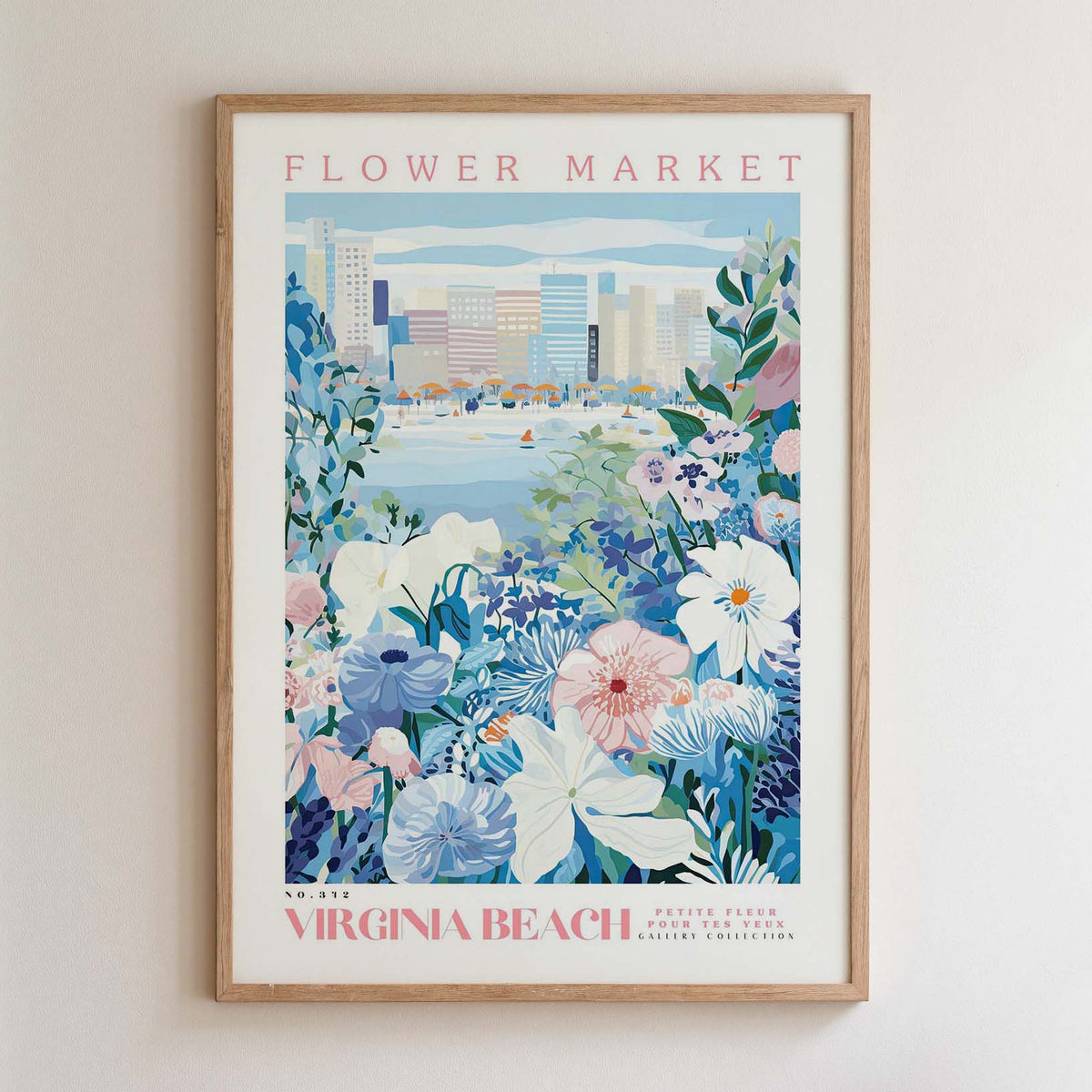 The image is a framed poster depicting a vibrant flower market in Virginia Beach, with a cityscape in the background.