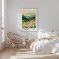 a serene bedroom scene with a large framed poster of a mountain landscape hanging on the wall, a woven chair, and a bed with white bedding.