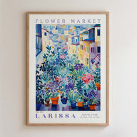 The image is a framed poster depicting a colorful and vibrant flower market scene.