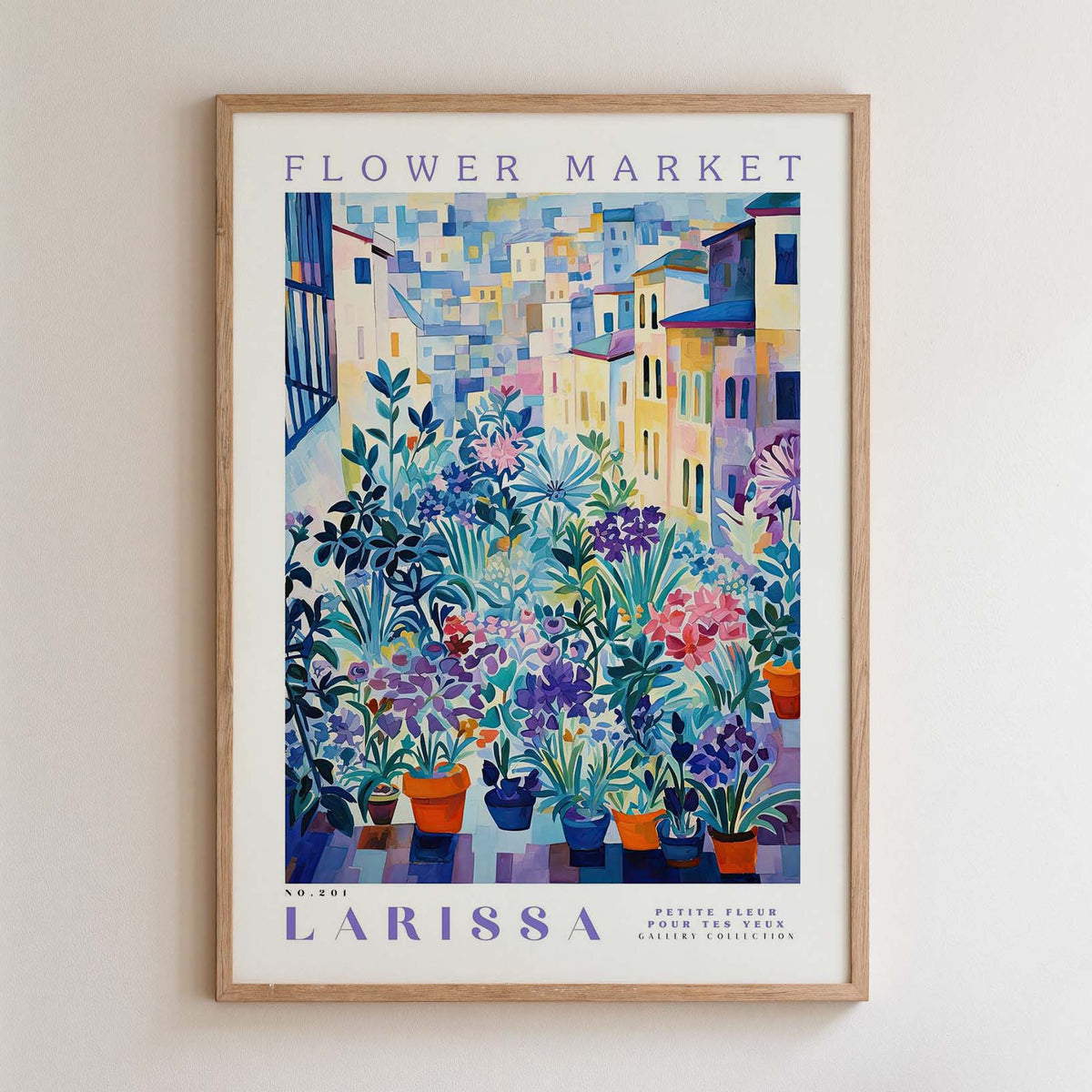 The image is a framed poster depicting a colorful and vibrant flower market scene.