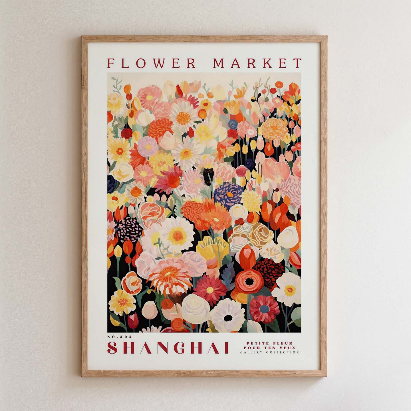 The image is a framed poster of a flower market in Shanghai, featuring a vibrant and colorful illustration of various flowers and foliage.