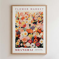 The image is a framed poster of a flower market in Shanghai, featuring a vibrant and colorful illustration of various flowers and foliage.