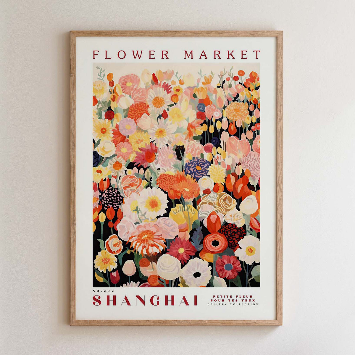 The image is a framed poster of a flower market in Shanghai, featuring a vibrant and colorful illustration of various flowers and foliage.