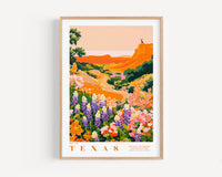 The image is a framed poster depicting a scenic landscape with a desert mountain, a river, and a field of colorful flowers.