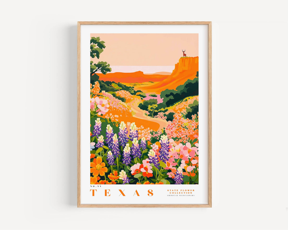 The image is a framed poster depicting a scenic landscape with a desert mountain, a river, and a field of colorful flowers.