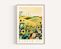 A framed poster depicting a vibrant field of sunflowers and other flowers, with wind turbines visible in the distance, set against a yellow sky.