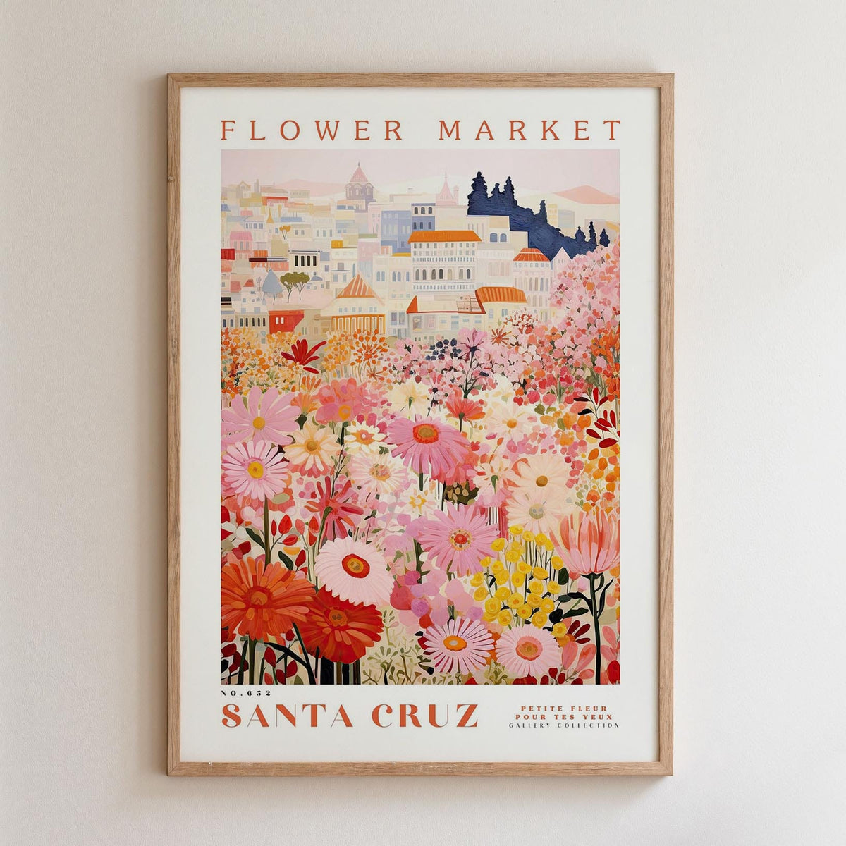 The image is a framed poster depicting a vibrant and colorful flower market in Santa Cruz, California.