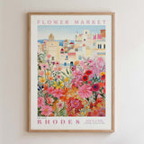 The image is a framed poster depicting a vibrant and colorful flower market in Rhodes, Greece.