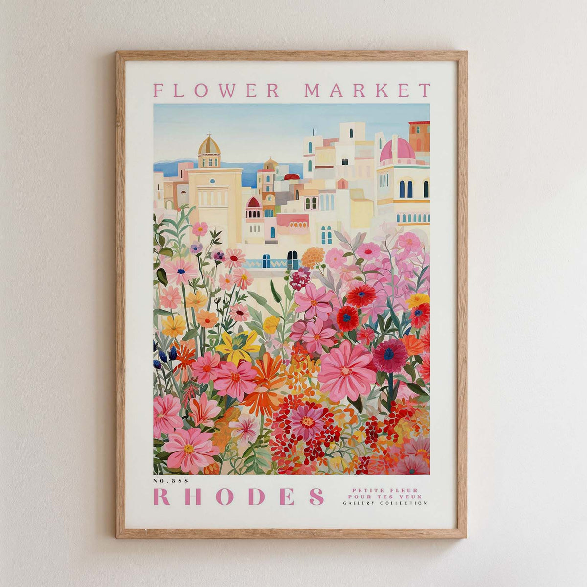 The image is a framed poster depicting a vibrant and colorful flower market in Rhodes, Greece.