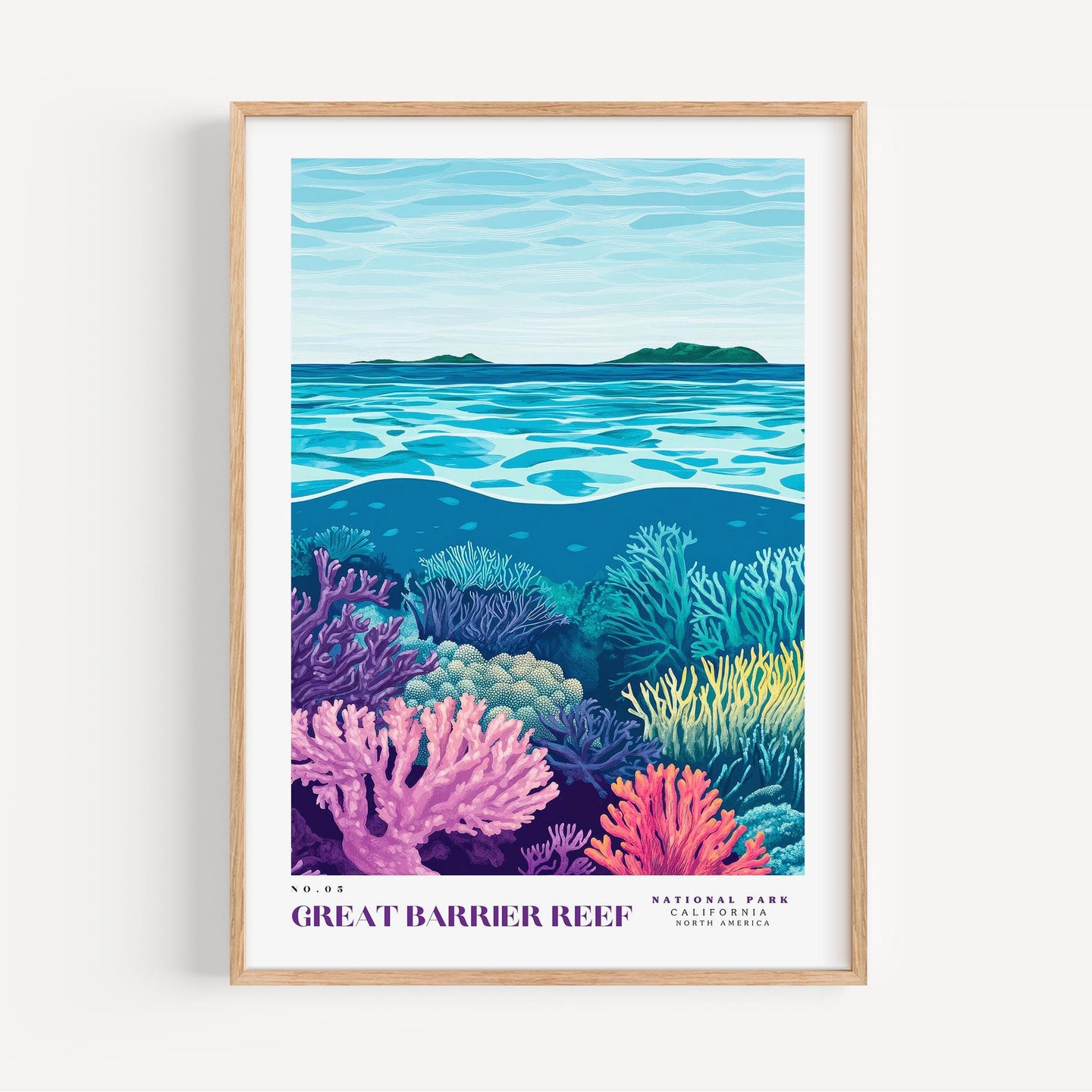 The image is a framed poster depicting a vibrant underwater scene with a variety of colorful coral and marine life.