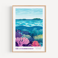 The image is a framed poster depicting a vibrant underwater scene with a variety of colorful coral and marine life.