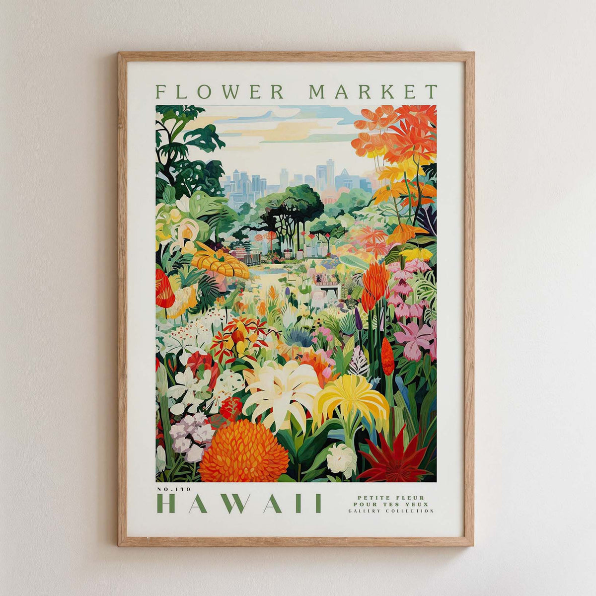 The image is a framed poster depicting a vibrant and colorful garden scene in Hawaii.