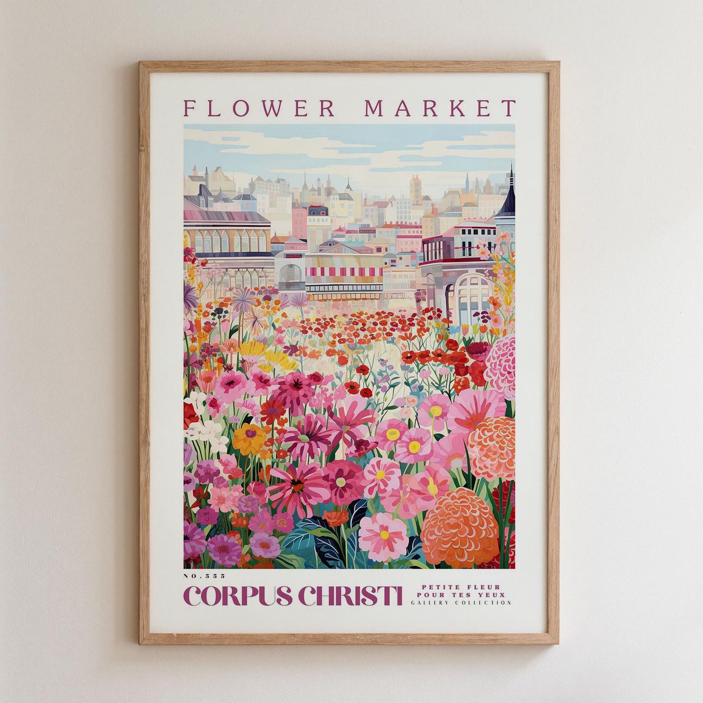 The image is a framed poster depicting a vibrant and colorful flower market scene with various flowers and buildings in the background.