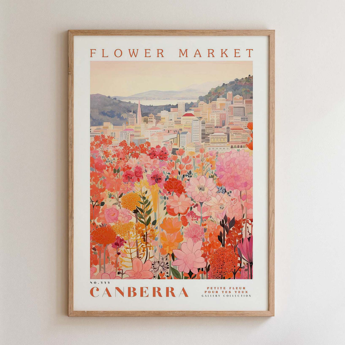 The image is a framed poster depicting a cityscape with a large flower field in the foreground.