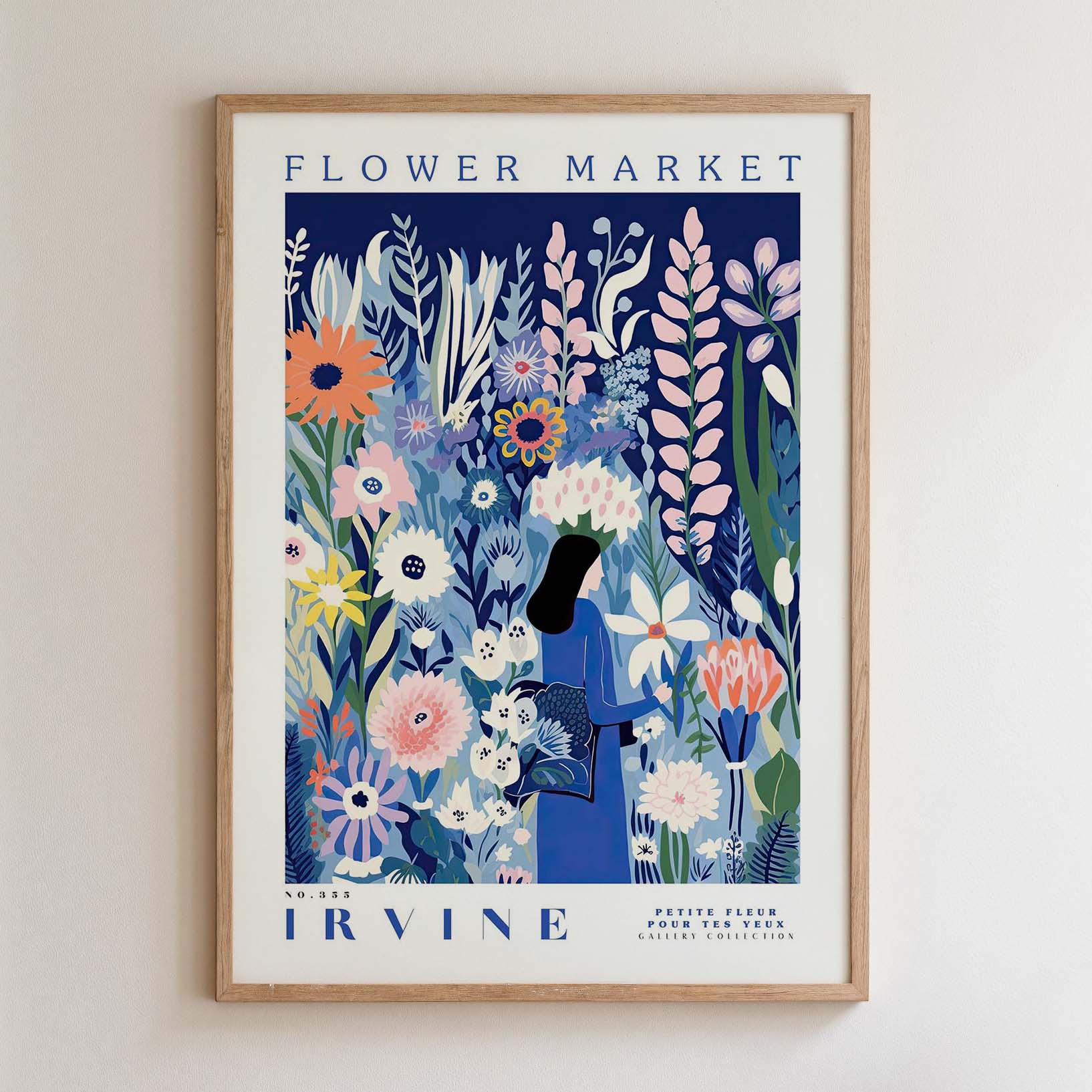 The image is a framed poster advertising a flower market. It features a woman standing amidst a colorful array of flowers and plants, with the text "FLOWER MARKET" prominently displayed.