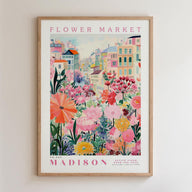 A framed poster depicting a vibrant and colorful flower market in Madison, Wisconsin.