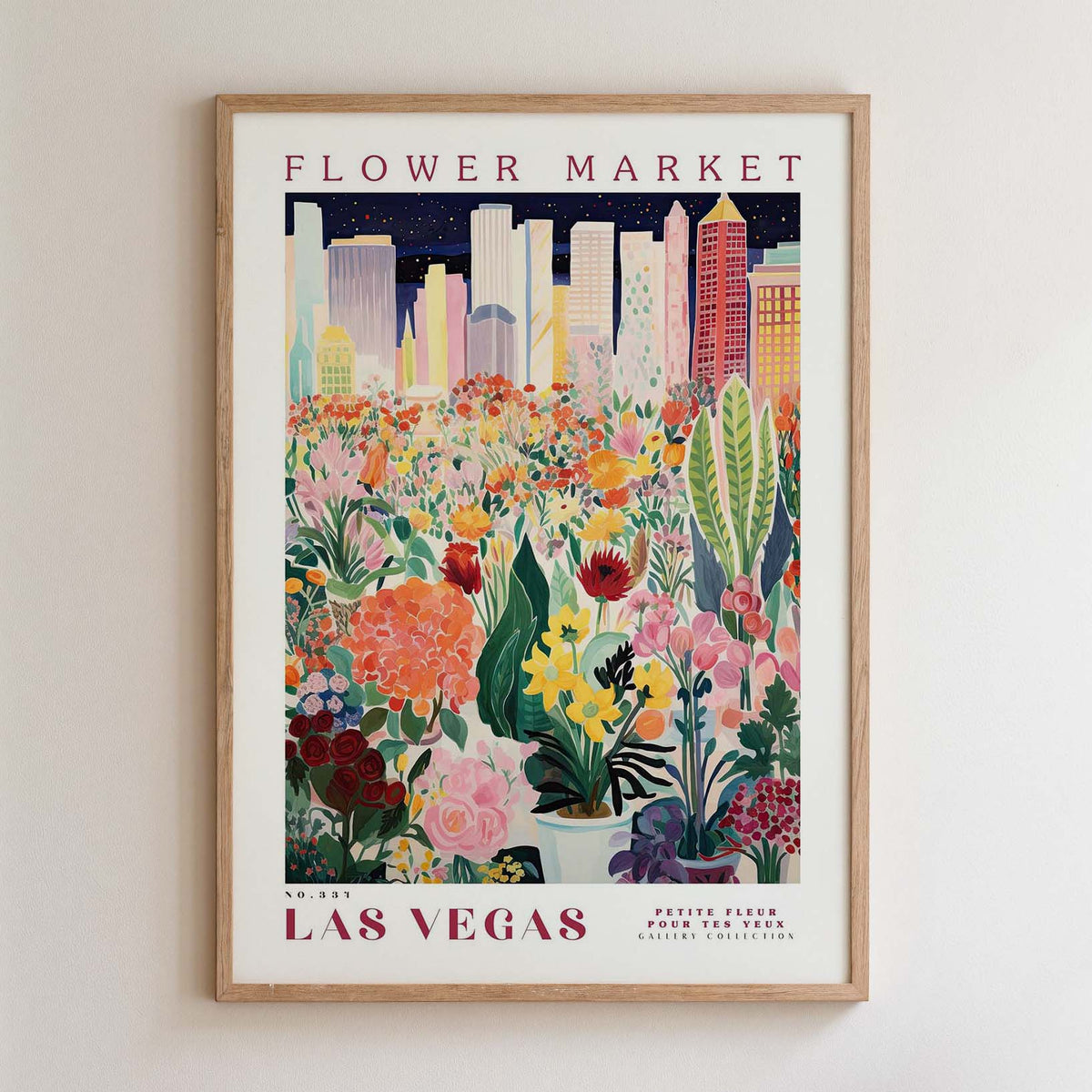 The image is a framed poster depicting a vibrant and colorful flower market in Las Vegas, with a cityscape in the background.