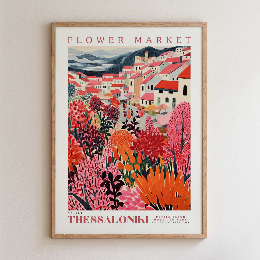 The image is a framed poster depicting a colorful and vibrant flower market scene with various flowers and plants.