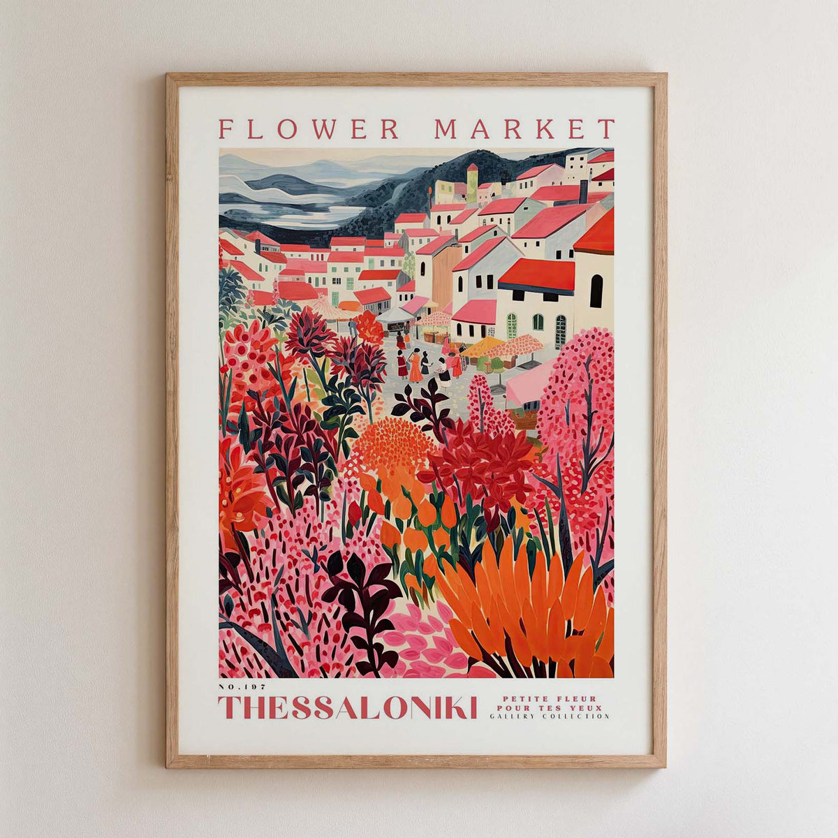 The image is a framed poster depicting a colorful and vibrant flower market scene with various flowers and plants.