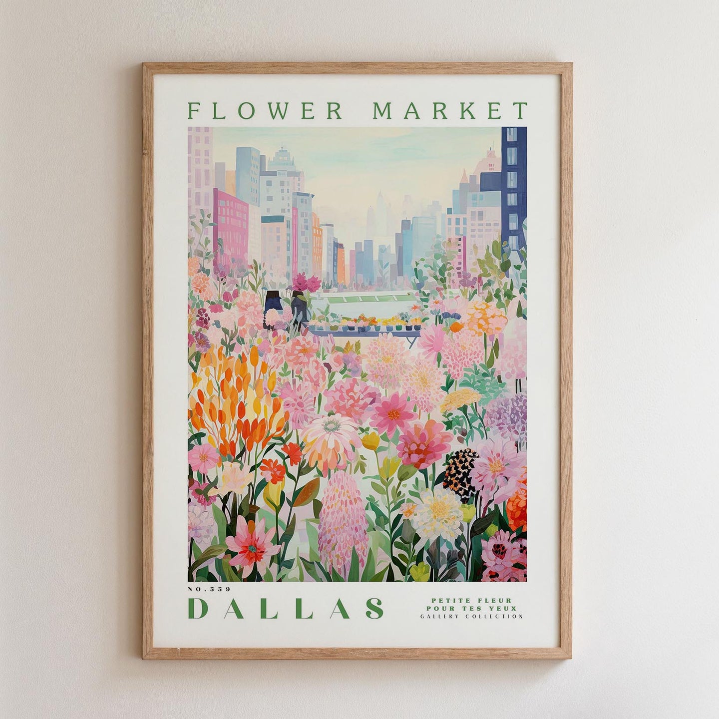 The image is a framed poster depicting a vibrant and colorful flower market in Dallas, Texas.
