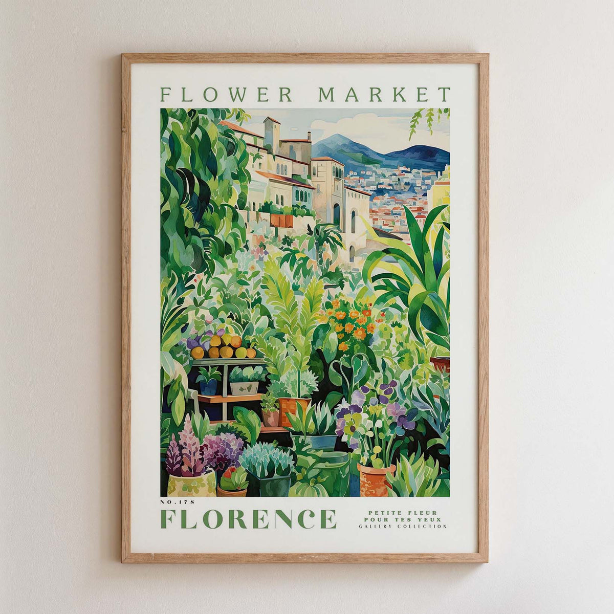 The image is a framed poster depicting a vibrant and lush flower market in Florence, Italy.