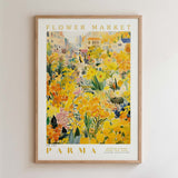 The image is a framed poster depicting a vibrant and colorful flower market in Parma, Italy.