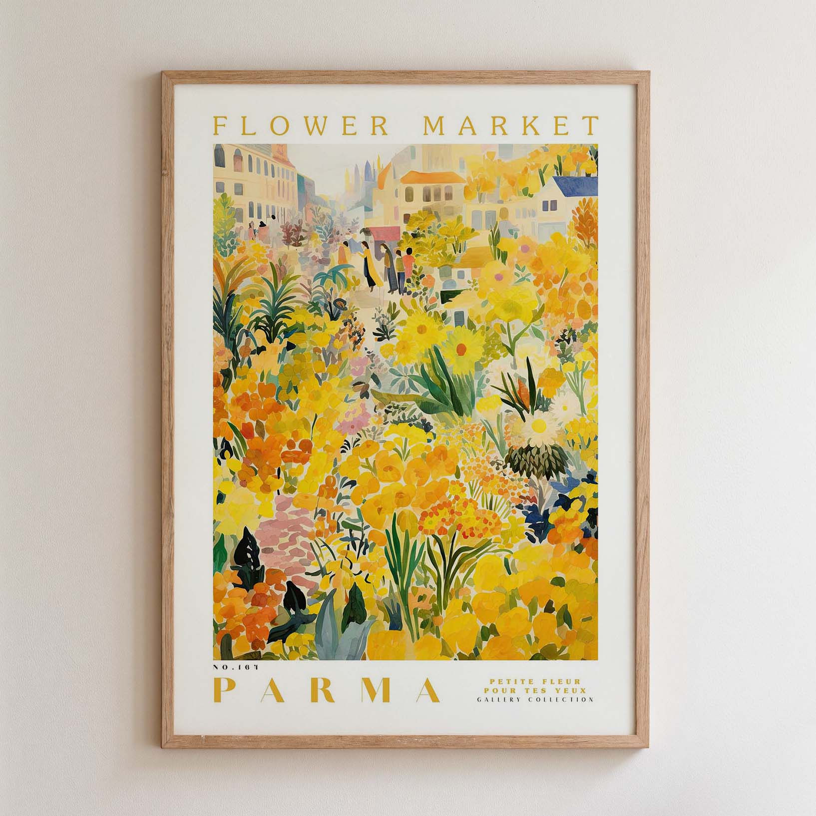 The image is a framed poster depicting a vibrant and colorful flower market in Parma, Italy.