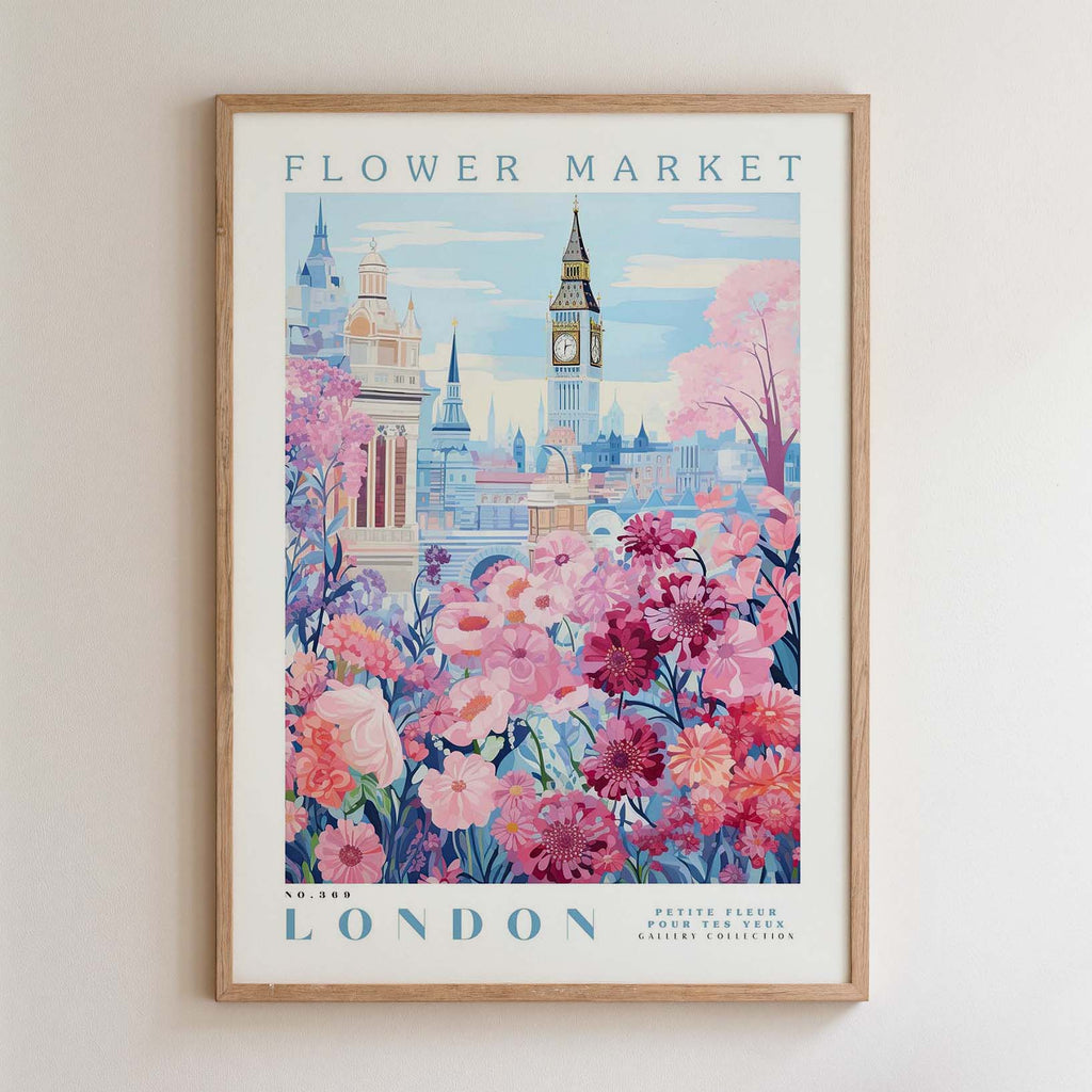 The image is a framed poster depicting a cityscape with a flower market in the background.