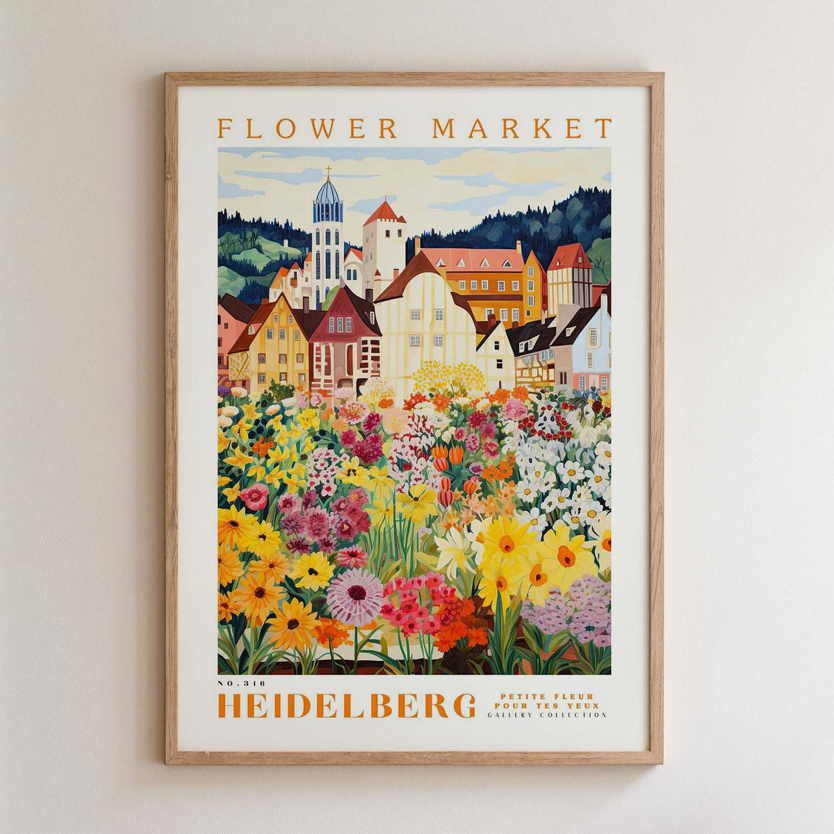 The image is a framed poster depicting a colorful and vibrant flower market in Heidelberg, Germany.