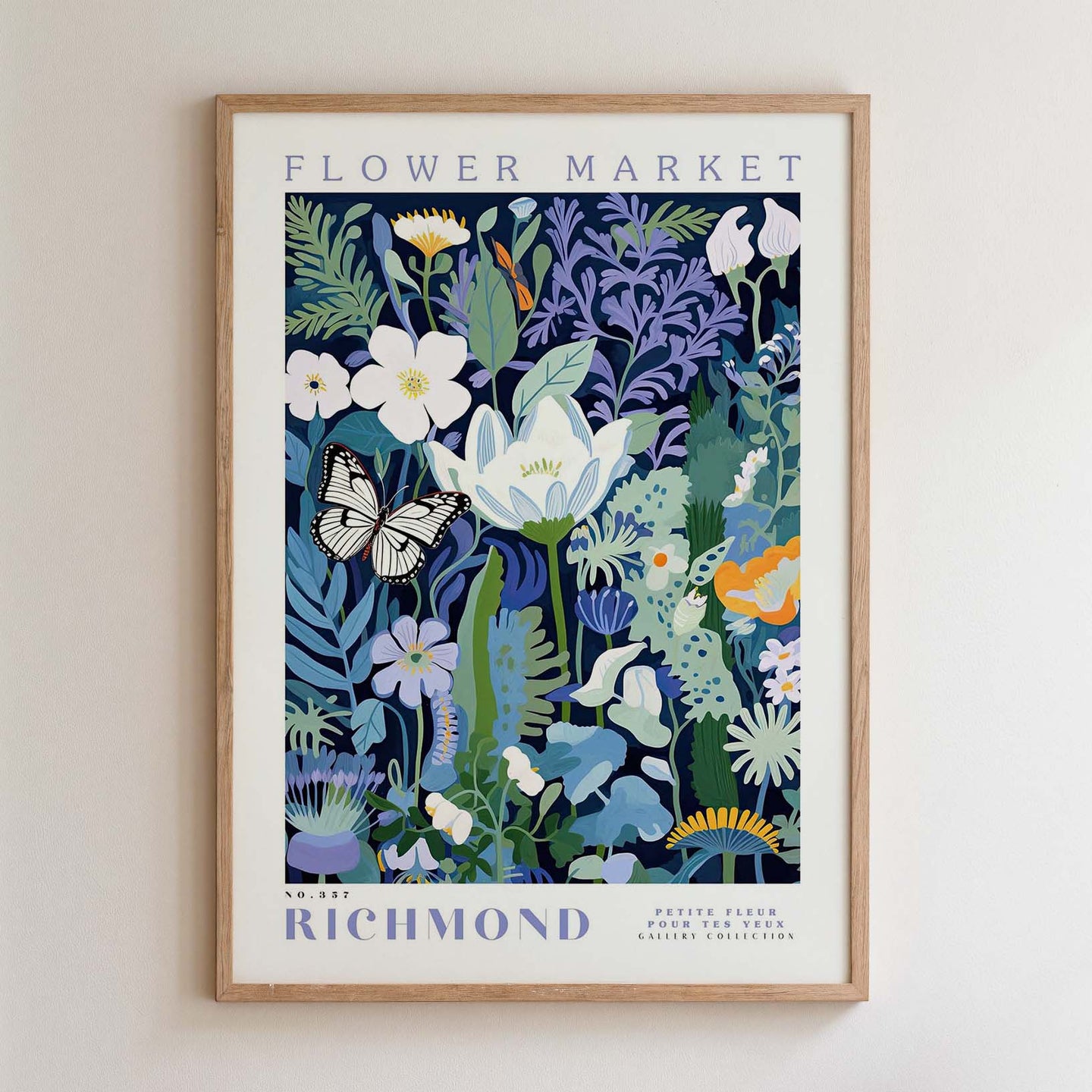 The image is a framed poster depicting a vibrant and colorful floral scene, with various flowers, leaves, and butterflies.