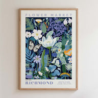 The image is a framed poster depicting a vibrant and colorful floral scene, with various flowers, leaves, and butterflies.